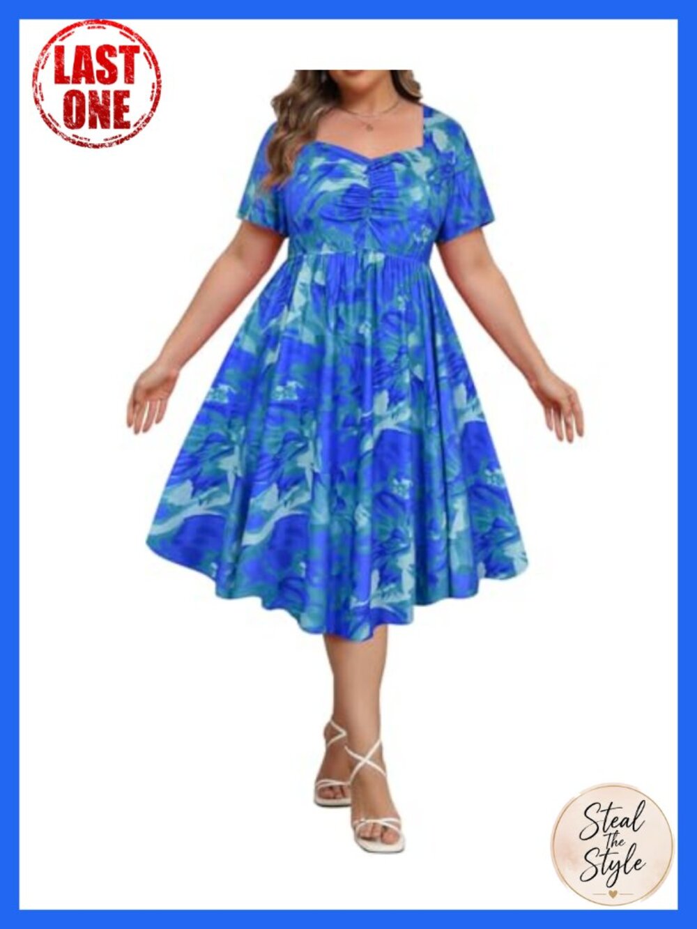 Plus Size Boho Midi Dress Sweetheart Neck Short Sleeve Empire Waist Pocket